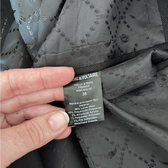 ZADIG & VOLTAIRE Sz S Volly Striped Wool Metallic Blazer Noir Open Fringe Cuffs - Picture 6 of 14